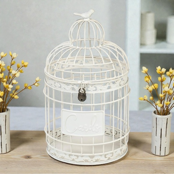 Red Co Round Metal Birdcage Wedding Card Holder Rustic Off White Brand New - Picture 2 of 5